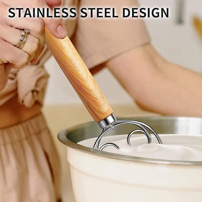 ONTRIP FRUITZY Danish Dough Whisk 13 Inch Long Wooden Handle Bread Dough Whisk and Dough Scraper Stainless Steel Ring Bread Dough Mixer Bread Whisk for Dough Bread Cake Pizza and Biscuits - Image 3