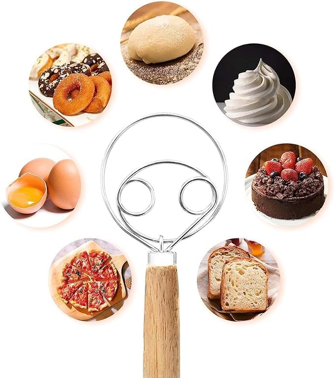 ONTRIP FRUITZY Danish Dough Whisk 13 Inch Long Wooden Handle Bread Dough Whisk and Dough Scraper Stainless Steel Ring Bread Dough Mixer Bread Whisk for Dough Bread Cake Pizza and Biscuits - Image 5