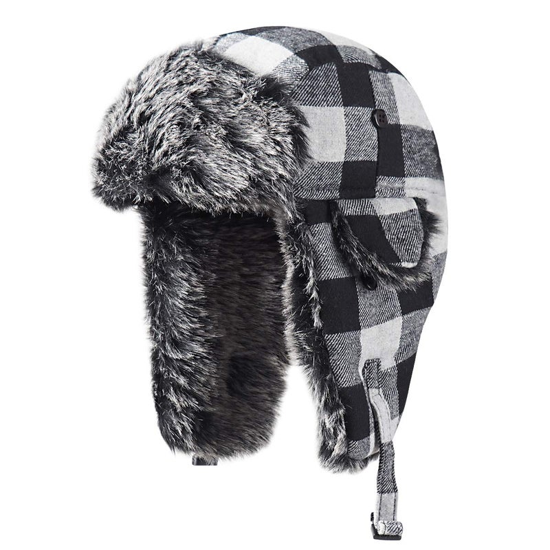 ONWAY Black Plaid Trapper Hat Winter Hats for Women Men Hat with Faux Fur Ear Flaps - Image 1