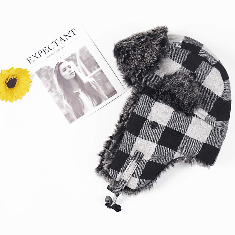 ONWAY Black Plaid Trapper Hat Winter Hats for Women Men Hat with Faux Fur Ear Flaps - Image 3