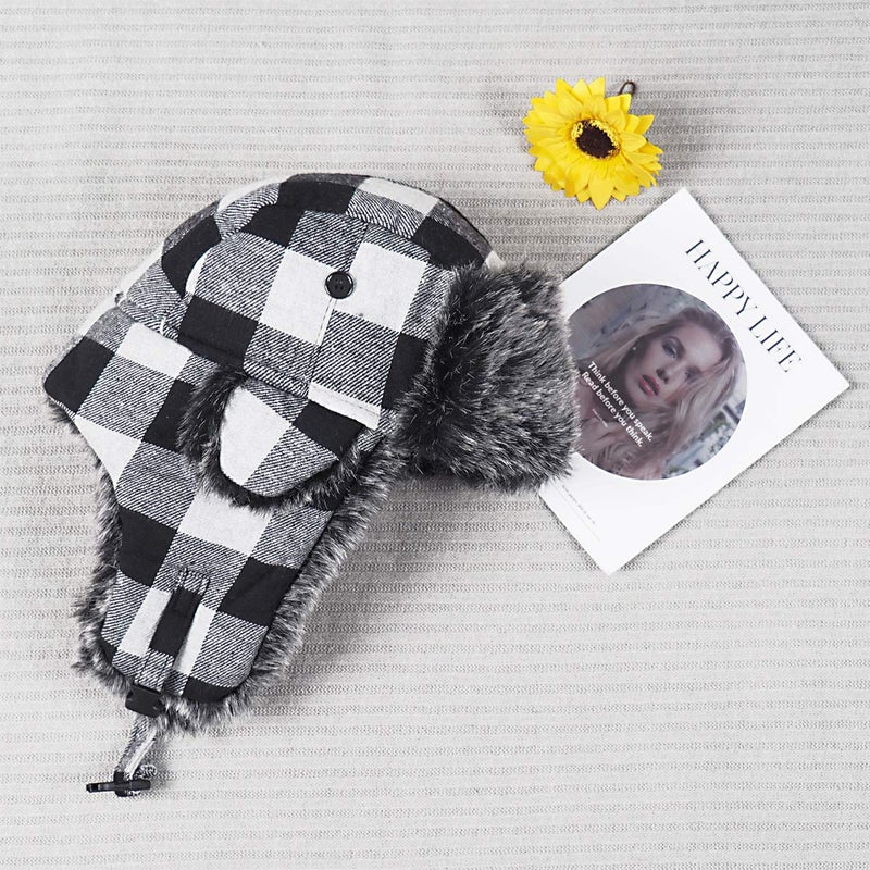 ONWAY Black Plaid Trapper Hat Winter Hats for Women Men Hat with Faux Fur Ear Flaps - Image 2