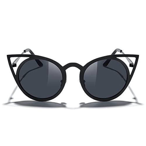 MERRY'S Cat Eye Sunglasses Round Metal Cut-Out Flash Mirror Lens Metal Frame Sun glasses S8064 (Black, 50) - Image 1