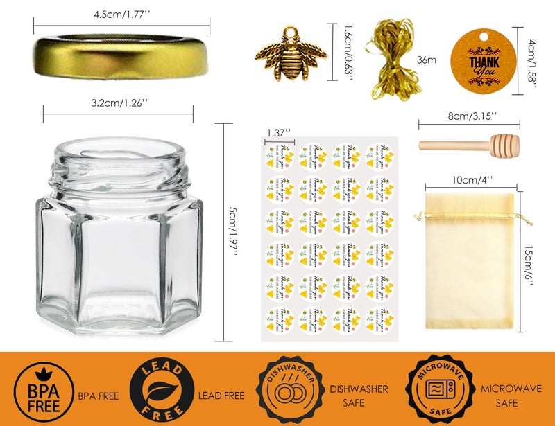 Ahhute Small Honey Jar, Mini Honey Jars with Dipper, Glass Honey Pot Baby Shower Favors, Party Favors & Wedding Favors, Hexagon Honey Container w/ Lid, Bee Charms, Fabric Ribbons and Bags, 60 Pack 1.5oz - Image 2
