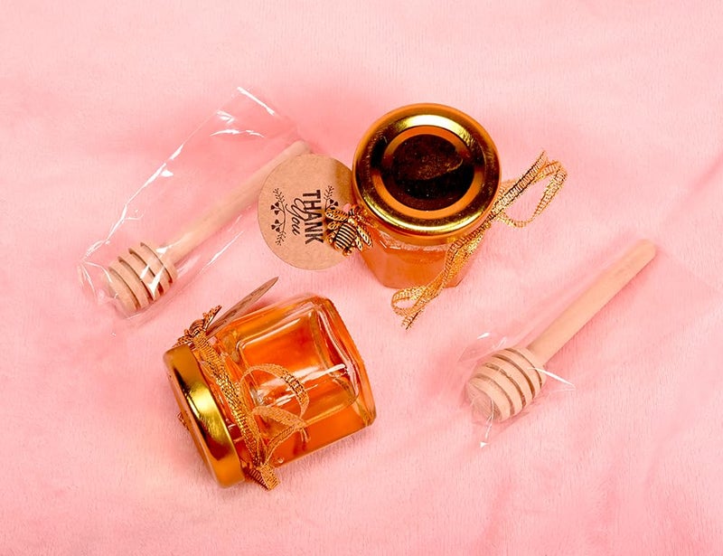 Ahhute Small Honey Jar, Mini Honey Jars with Dipper, Glass Honey Pot Baby Shower Favors, Party Favors & Wedding Favors, Hexagon Honey Container w/ Lid, Bee Charms, Fabric Ribbons and Bags, 60 Pack 1.5oz - Image 3