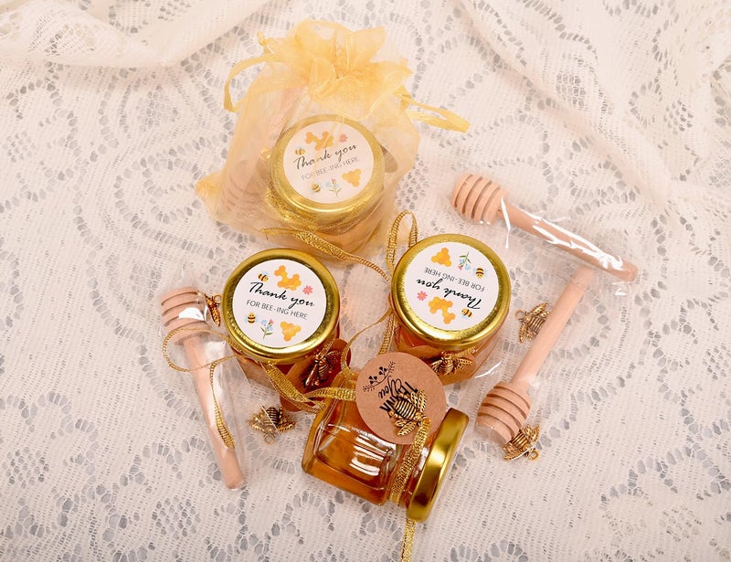 Ahhute Small Honey Jar, Mini Honey Jars with Dipper, Glass Honey Pot Baby Shower Favors, Party Favors & Wedding Favors, Hexagon Honey Container w/ Lid, Bee Charms, Fabric Ribbons and Bags, 60 Pack 1.5oz - Image 4