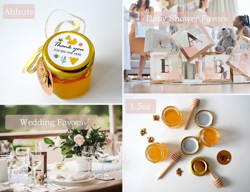 Ahhute Small Honey Jar, Mini Honey Jars with Dipper, Glass Honey Pot Baby Shower Favors, Party Favors & Wedding Favors, Hexagon Honey Container w/ Lid, Bee Charms, Fabric Ribbons and Bags, 60 Pack 1.5oz - Image 5
