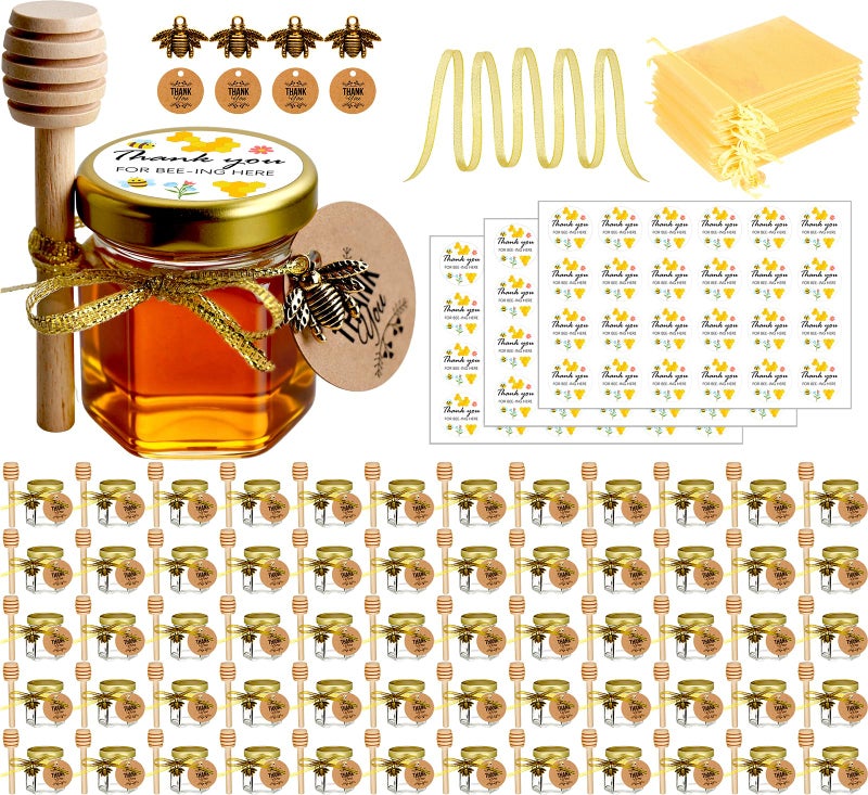 Ahhute Small Honey Jar, Mini Honey Jars with Dipper, Glass Honey Pot Baby Shower Favors, Party Favors & Wedding Favors, Hexagon Honey Container w/ Lid, Bee Charms, Fabric Ribbons and Bags, 60 Pack 1.5oz - Image 1