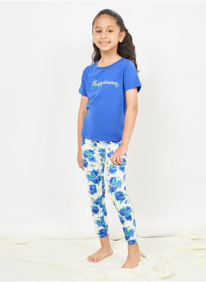 Styli Slogan Printed Floral T-Shirt & Pyjama Set