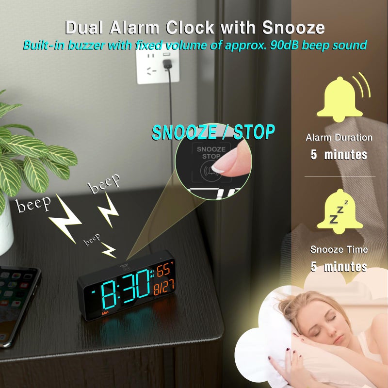 KOSUMOSU Digital Clock for Bedroom 6.7in Alarm Clocks for Living Room, Auto Dimming,Date,Week,Seconds,Indoor Temperature, Small Digital Alarm Clock for Classroom,LED Alarm Clocks for Bedrooms - Image 4