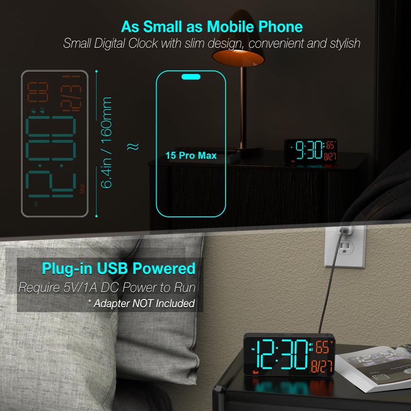 KOSUMOSU Digital Clock for Bedroom 6.7in Alarm Clocks for Living Room, Auto Dimming,Date,Week,Seconds,Indoor Temperature, Small Digital Alarm Clock for Classroom,LED Alarm Clocks for Bedrooms - Image 2
