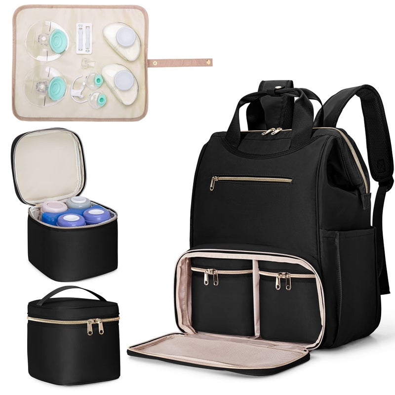 Fasrom Fasrom Wearable Breast Pump Bag Backpack With Cooler and Tote Compatible With Momcozy Medela and Elvie Hands Free Pumps Black Patent Design 