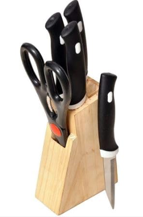 JRS TRADERS 6 PIS Wooden Knife Stand Stainless Steel Knife Set Knife Set Wodden Stand for Kitchen Set - Image 1