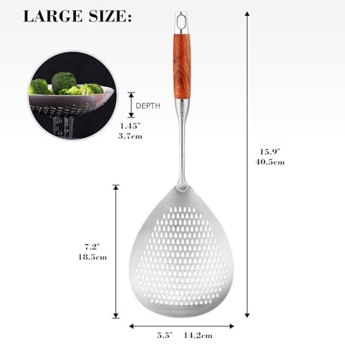 AAMATY Large Skimmer Slotted Spoon – 316 Stainless Steel Skimmer Spoon for Frying with Wooden Handle – Deep Fryer Scoop Heat Resistant Ladle for Frying, Cooking & Draining – Kitchen Tool - Image 2