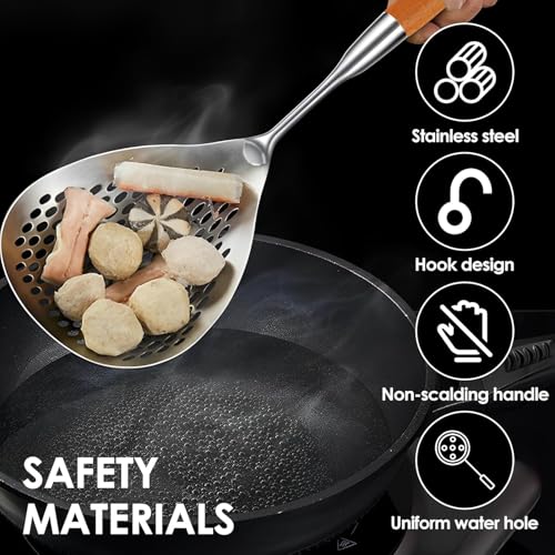 AAMATY Large Skimmer Slotted Spoon – 316 Stainless Steel Skimmer Spoon for Frying with Wooden Handle – Deep Fryer Scoop Heat Resistant Ladle for Frying, Cooking & Draining – Kitchen Tool - Image 4