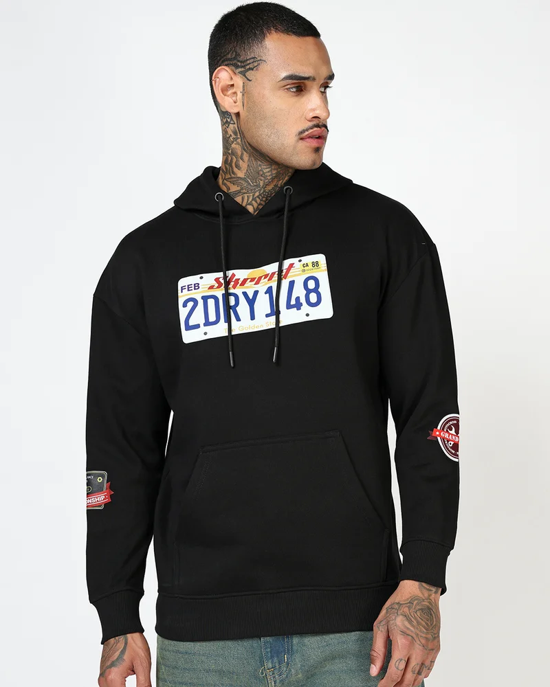 بيواكوف Men's Jet Black Skrrrt Typography Oversized Hoodies