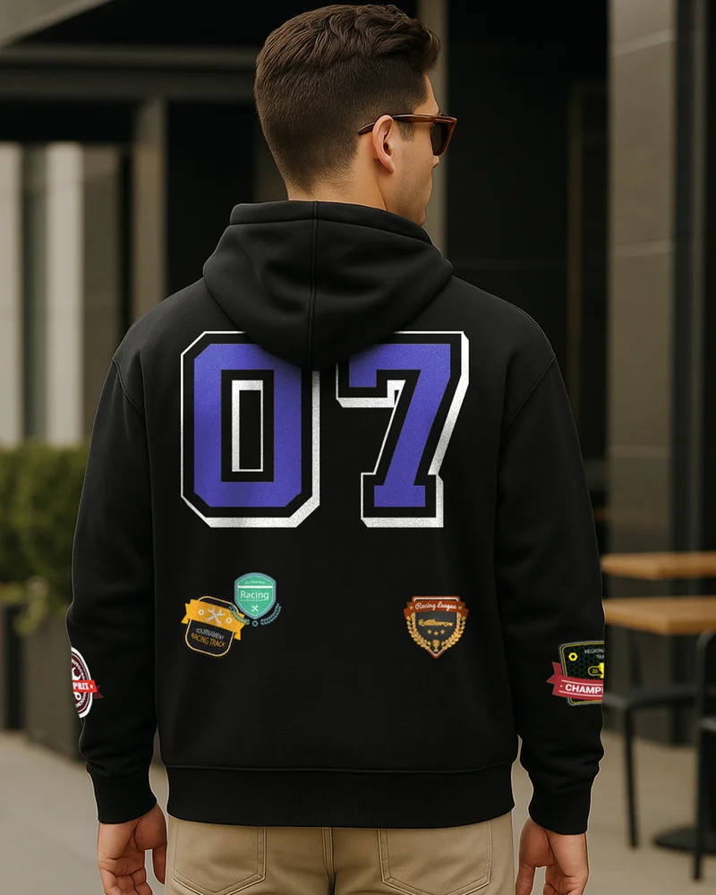 بيواكوف Men's Jet Black Skrrrt Typography Oversized Hoodies