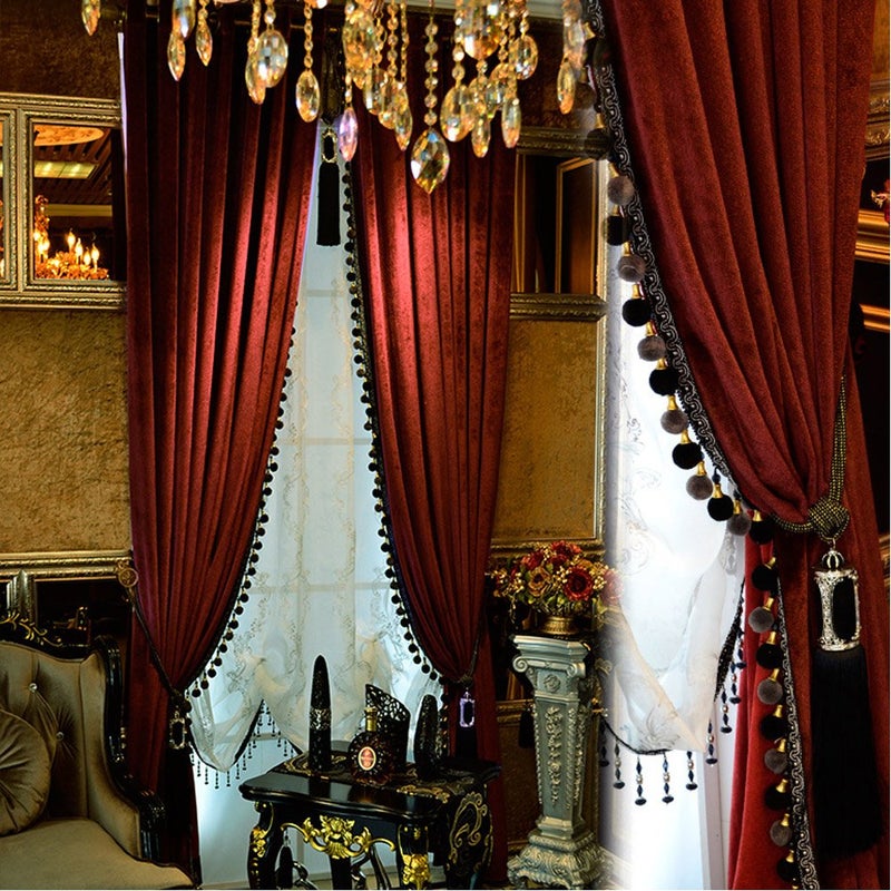 Helen curtain Luxury Curtain for Living Room Blackout Velvet 2 Panels Curtains Set Luxury Tassel Bedroom Curtains Burgundy 100W96L2 