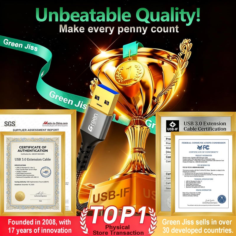 Green Jiss Upgrade USB Extension Cable, 3.3FT 6.6FT 10FT 12.9FT 16FT Ultra-High-Speed USB 3.0 Extension Cable 5Gbps Data Transfer Gold-Plated USB Extender Type A Male to Female Military Grade Braided 6.6FT - Image 5