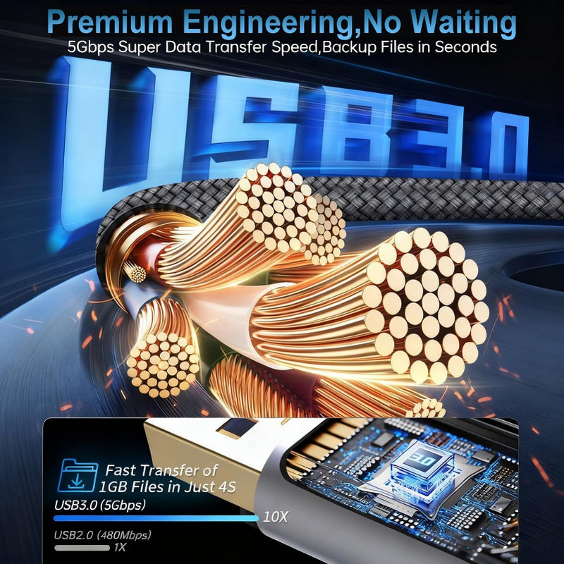 Green Jiss Upgrade USB Extension Cable, 3.3FT 6.6FT 10FT 12.9FT 16FT Ultra-High-Speed USB 3.0 Extension Cable 5Gbps Data Transfer Gold-Plated USB Extender Type A Male to Female Military Grade Braided 6.6FT - Image 3