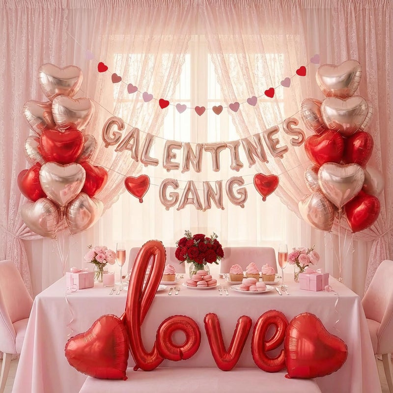 kozee Galentine's Day Balloon Decorations Kit -with Red Rose Gold GALENTINES GANG & LOVE Heart Foil Balloons for Best Friends Bachelorette Bridal Shower Valentine's Celebration Decorations (Red Rose Gold) - Image 1