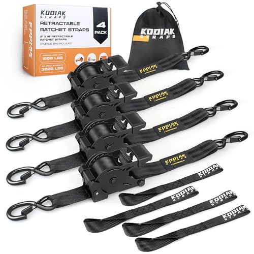 KODIAK STRAPS Retractable Ratchet Straps 2" x 10ft, 3,000lb Break Strength, Heavy Duty Easy Release Tie Down for Trucks, Trailers, Motorcycles, ATVs, Secure Cargo KODIAK STRAPS (Black, 4Pack) - Image 1