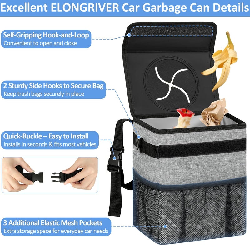 ELONGRIVER Car Trash Can Bin for Back Seat Leak Proof, Cute Car Trash Bag Hanging, Vehicle Trash Can for SUV Truck Van, Automotive Garbage Cans Front Seat Grey - Image 4