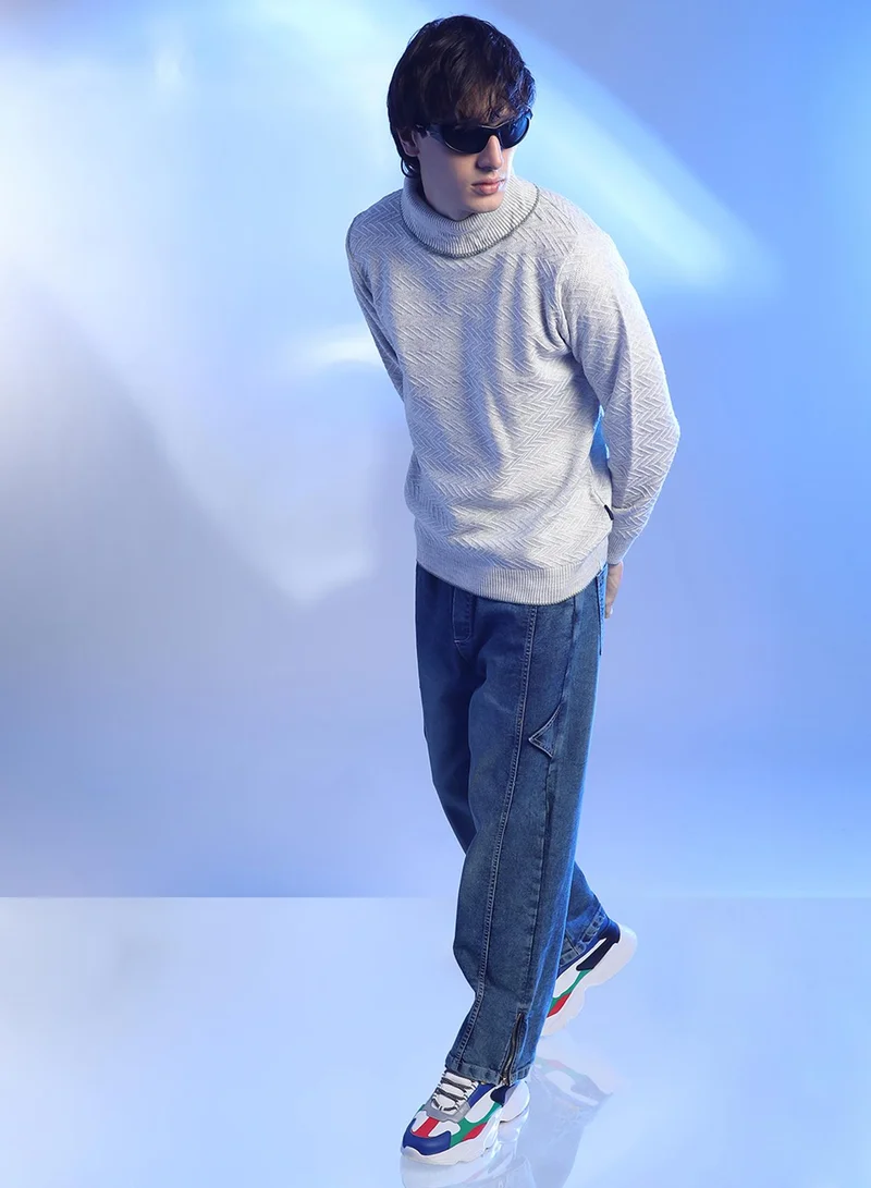 Campus Sutra Men's Light Grey Herringbone Textured Pullover Sweater