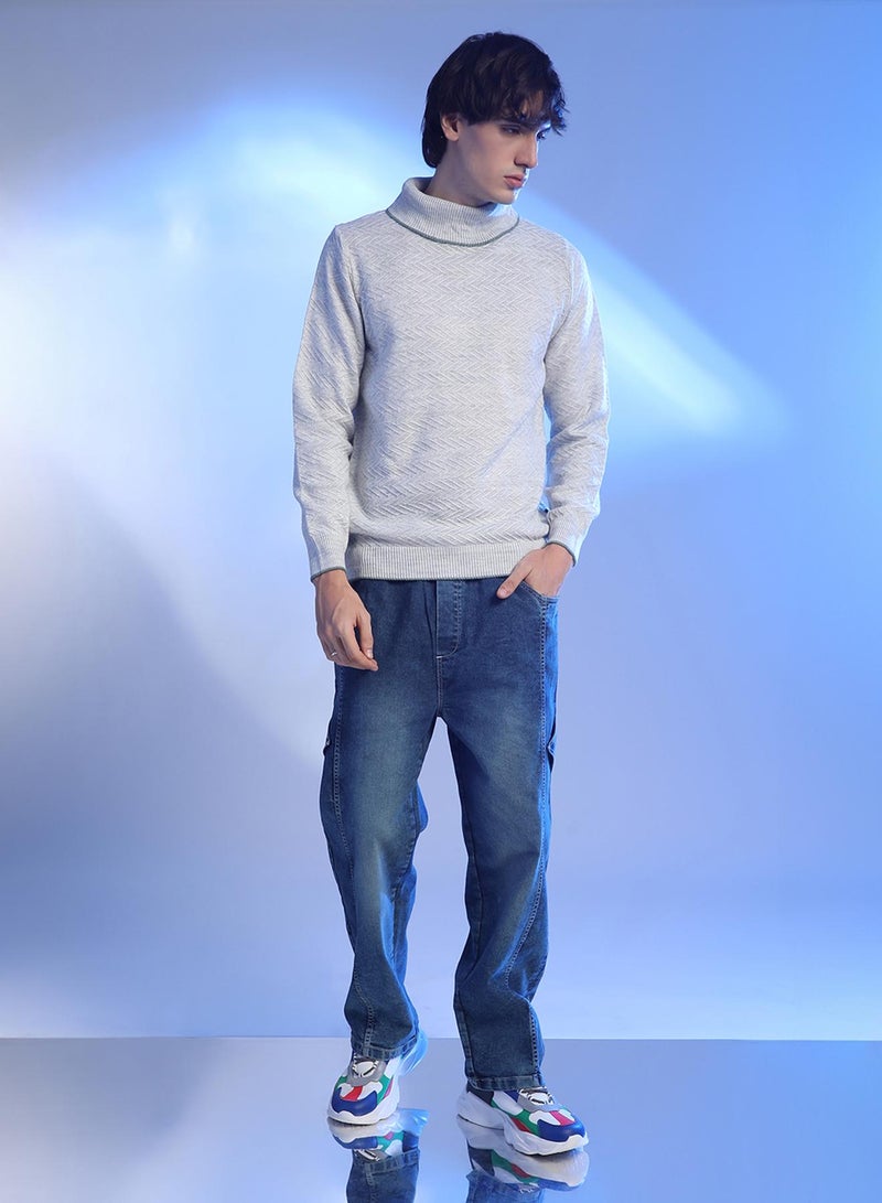 Campus Sutra Men's Light Grey Herringbone Textured Pullover Sweater  - Image 5