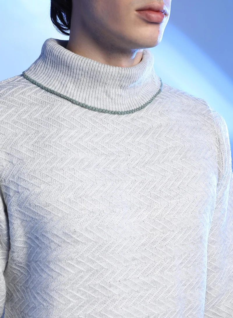 Campus Sutra Men's Light Grey Herringbone Textured Pullover Sweater