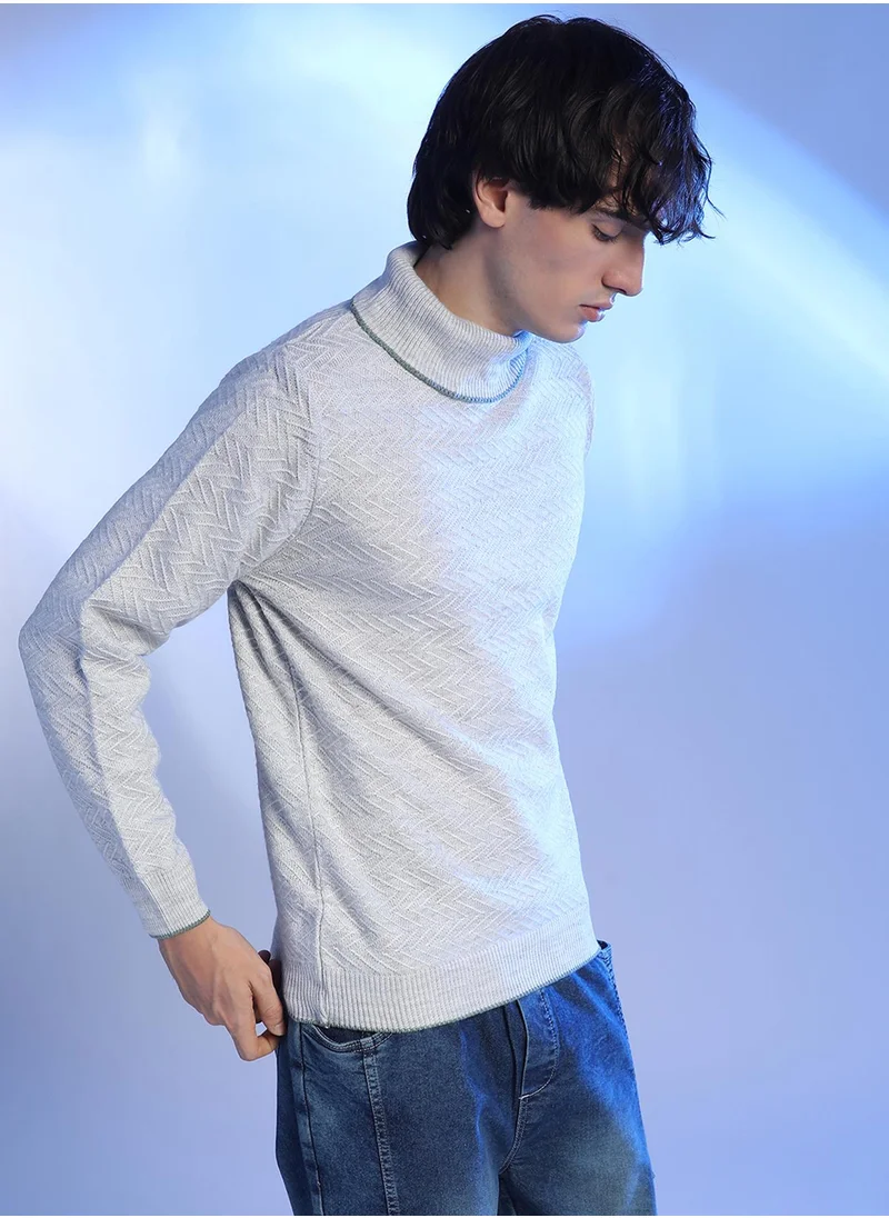 كامبوس سوترا Men's Light Grey Herringbone Textured Pullover Sweater
