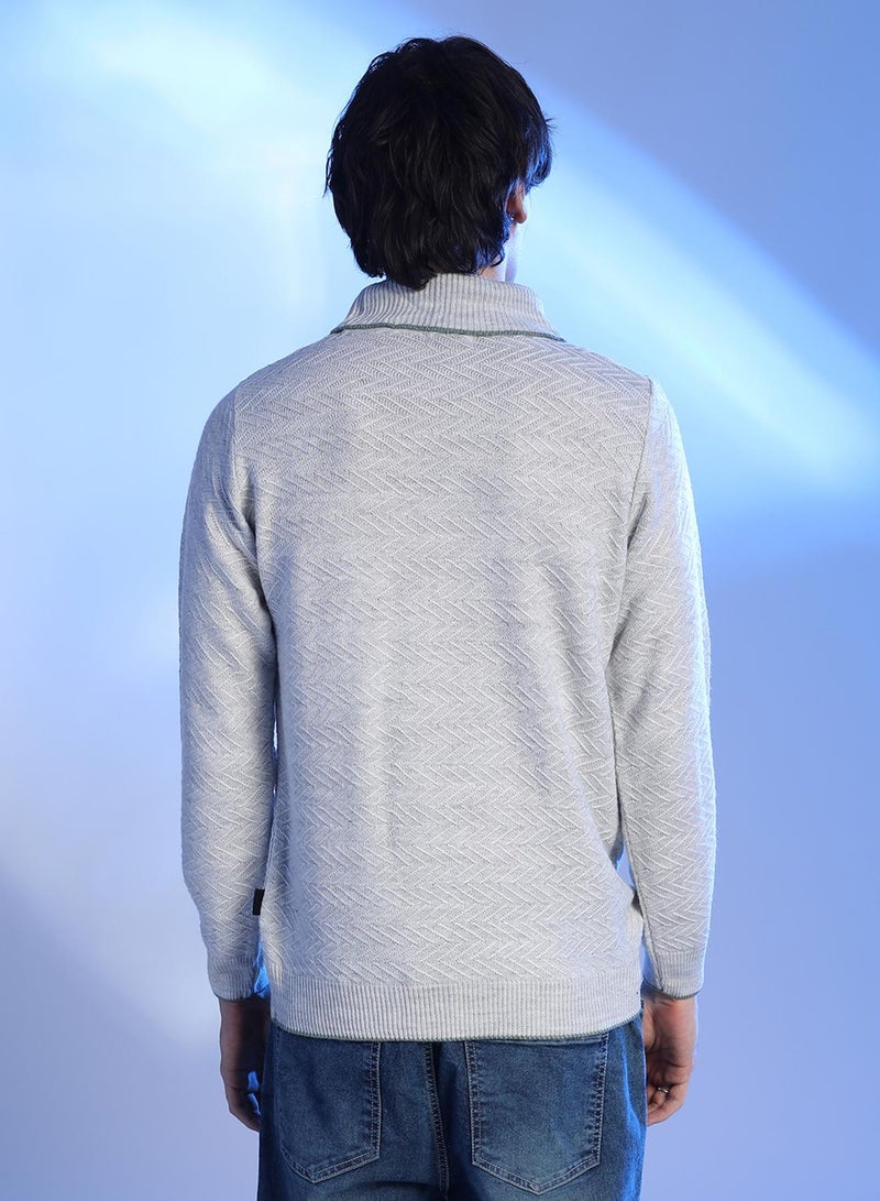 Campus Sutra Men's Light Grey Herringbone Textured Pullover Sweater  - Image 3