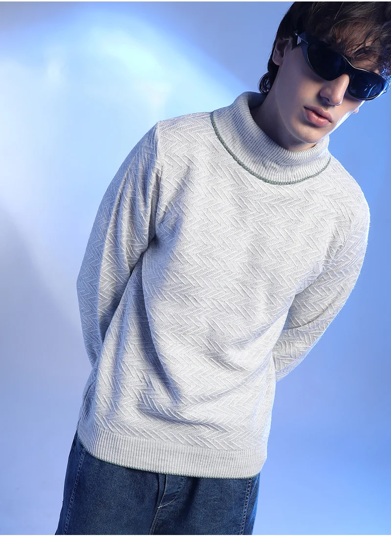كامبوس سوترا Men's Light Grey Herringbone Textured Pullover Sweater