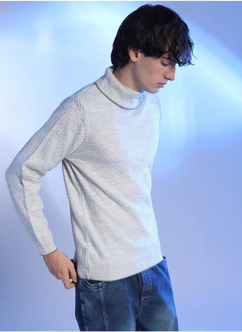 كامبوس سوترا Men's Light Grey Herringbone Textured Pullover Sweater