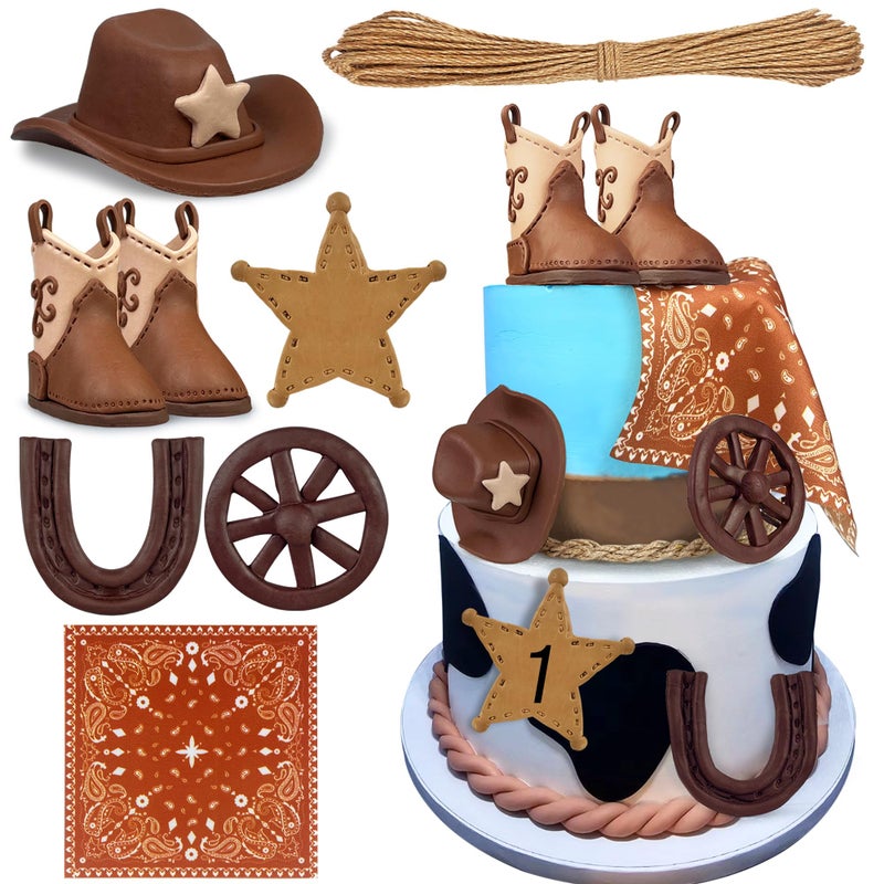KEEPARTY Cowboy Cake Decorations Cowboy Hat and Boot Cake Toppers Western Cowboy Cowgirl Birthday Baby Shower for Western Theme Party Favors Supplies (Brown) - Image 1