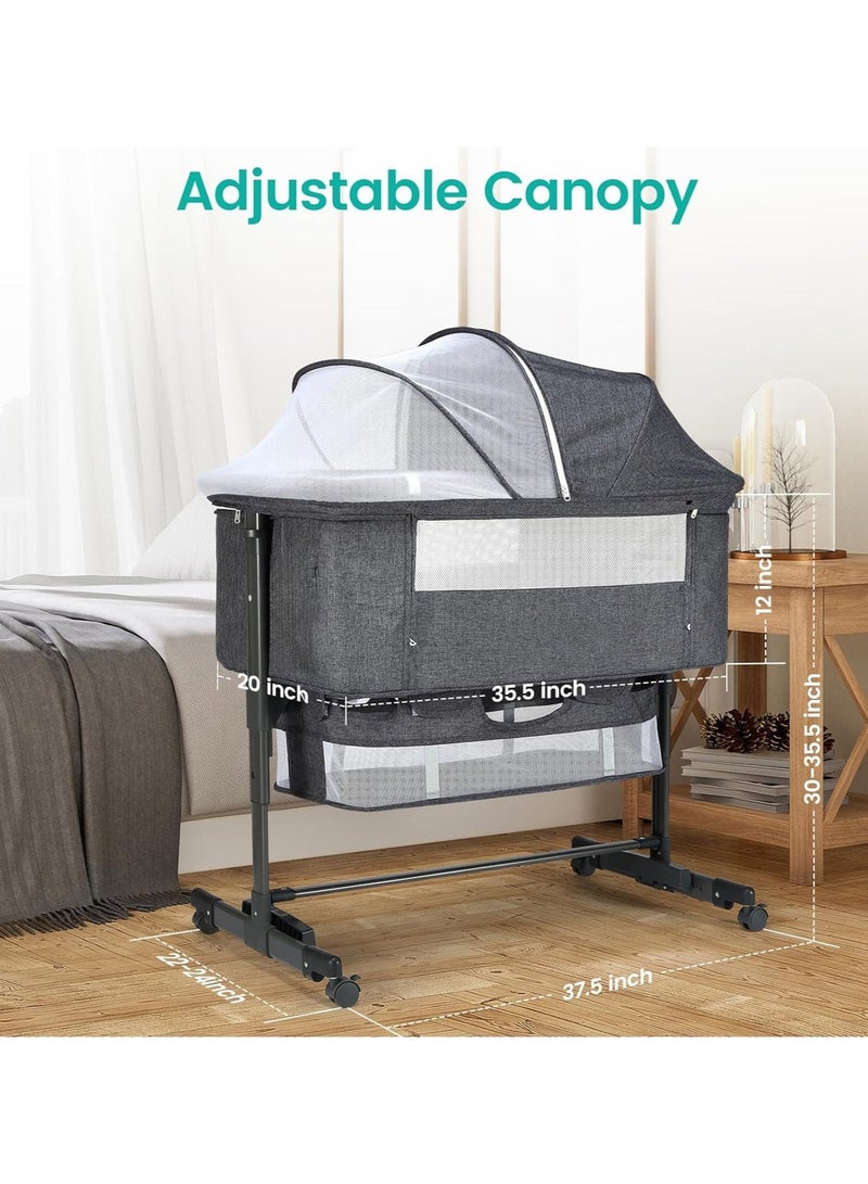 آسي بلاي سرير أطفال بعجلات، بثلاثة ارتفاعات قابلة للتعديل، سرير جانبي بميزة الإمالة لتخفيف الارتجاع، شبك قابل للتنفس، إطار خفيف من الألومنيوم، مساحة تخزين، وتصميم مناسب للسفر - Image 5