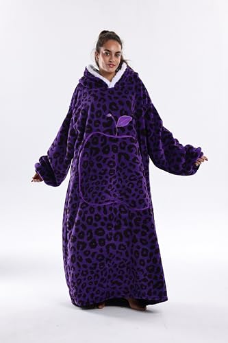 Capecage Wearable Blanket Long Blanket Hoodie as Gifts for Women Men Long Hooded Blanket for Men Women Blanket Hoodies Purple Leopard Print - Image 3