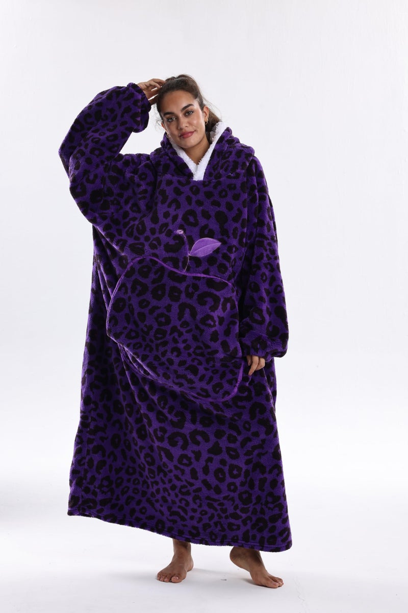 Capecage Wearable Blanket Long Blanket Hoodie as Gifts for Women Men Long Hooded Blanket for Men Women Blanket Hoodies Purple Leopard Print - Image 2