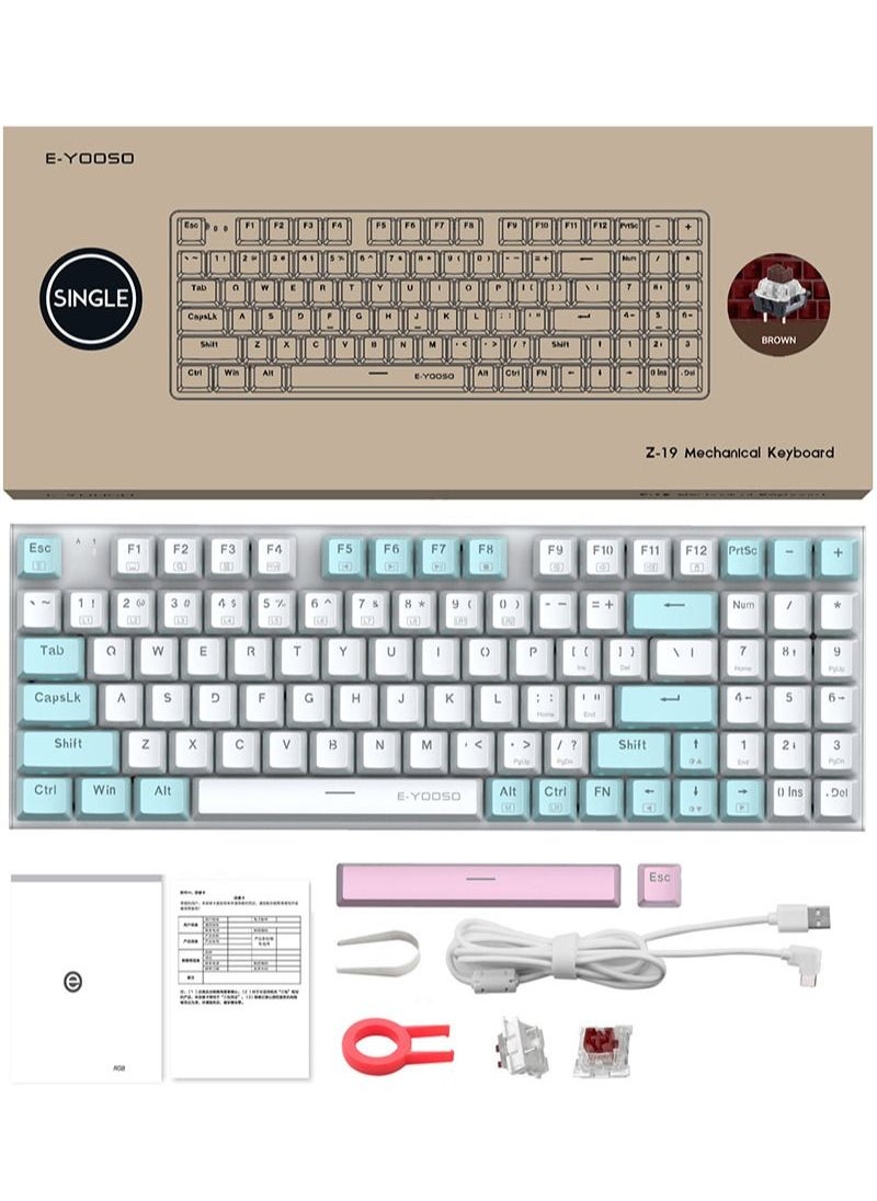 E-YOOSO - Z-19 94 keys Mechanical Keyboard, Brown Switch Wired Gaming Keyboard with Blue Backlit, Arrow Keys & Numpad for PC/Mac Gamer - White Blue - Image 1