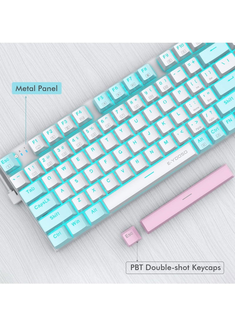 E-YOOSO - Z-19 94 keys Mechanical Keyboard, Brown Switch Wired Gaming Keyboard with Blue Backlit, Arrow Keys & Numpad for PC/Mac Gamer - White Blue - Image 1