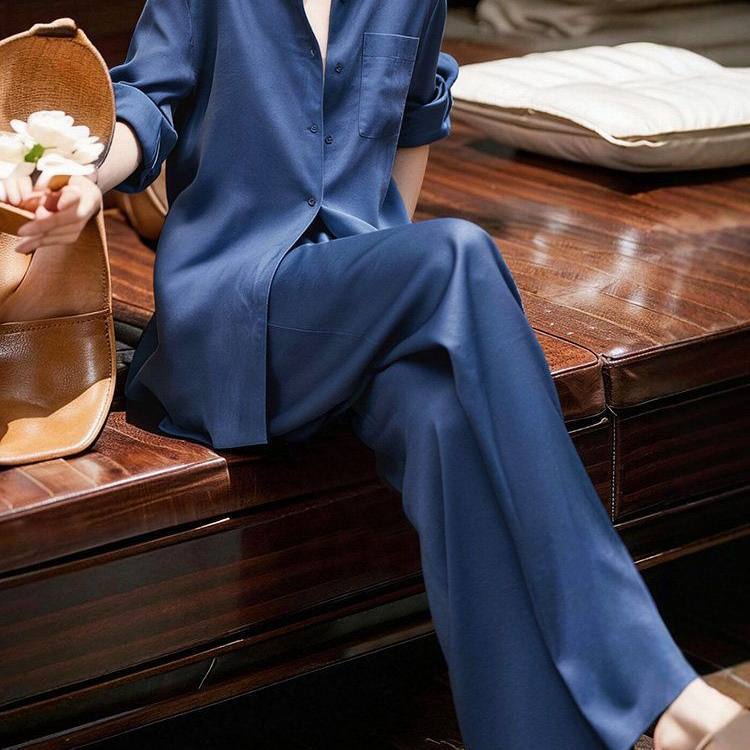 Women's Casual Relaxed Fit Two-Piece Set - Blue Shirt and Wide Leg Pants, 2026 Summer - Image 3
