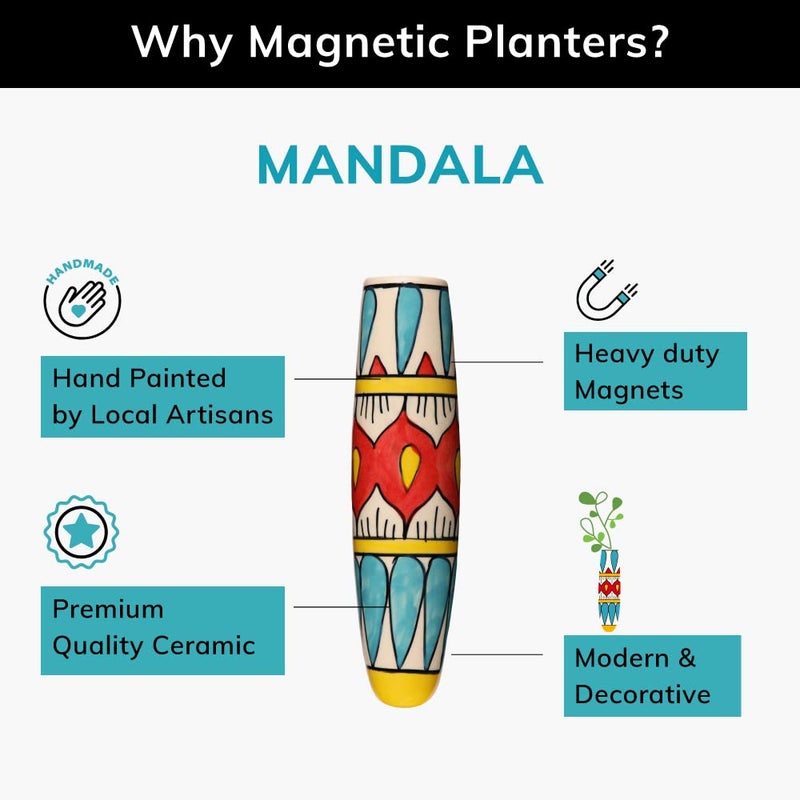 Lazy Gardener Lazy Gardener Mandala Ceramic Magnetic Planter for Fridge Hydroponic Plant Holder for Metal Surfaces Fridge Magnet PotPlantersVases for Plants Red Blue  - Image 4