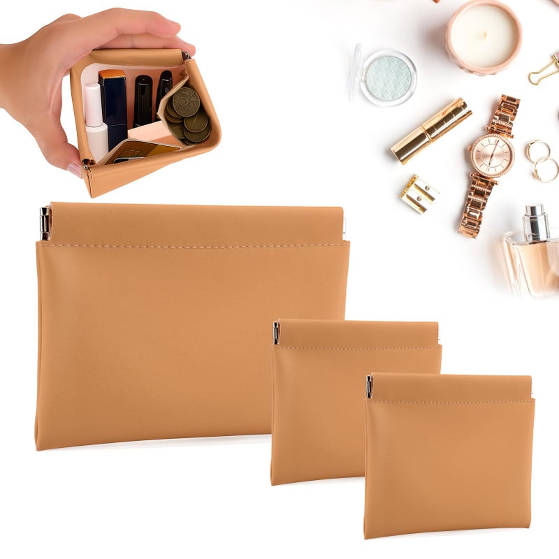 BUSOHA 3 Pack Small Makeup Bag for Purse - Mini Portable Cosmetic Bags for Women, Coin Purse Lipstick Cosmetic Accessories Organizer, Small Travel Kit Storage Pouch(Brown) - Image 1