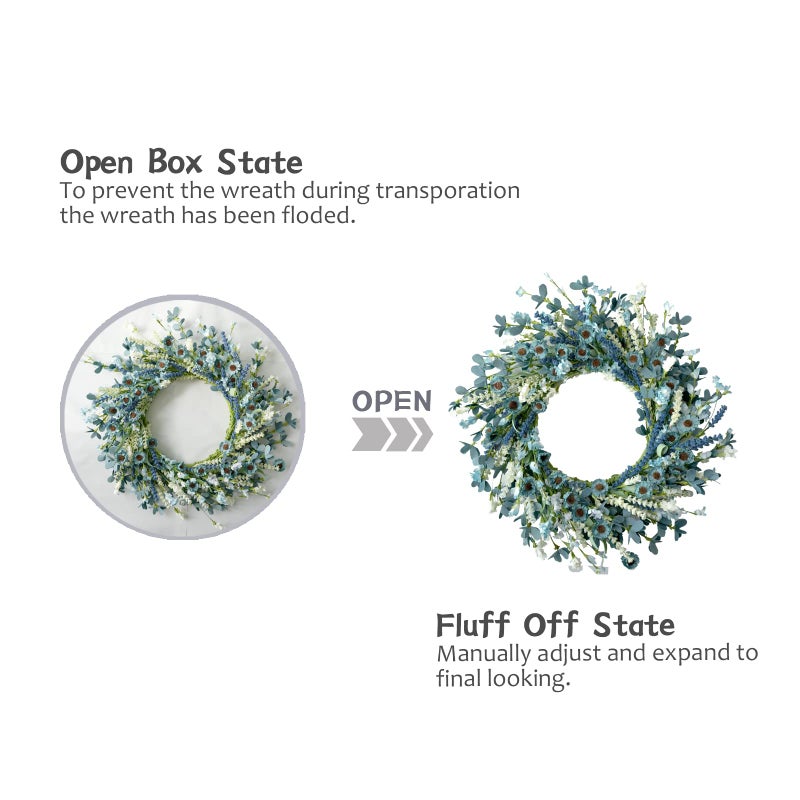 Bibelot 22 Inch Spring Wreath Blue with Green Leaves Wreaths Blue Daisy Artificial Grains White Flower Wreath for Front Door Wreaths,Farmhouse Decor Indoor&Outdoor Wedding Wall Home Decor - Image 3