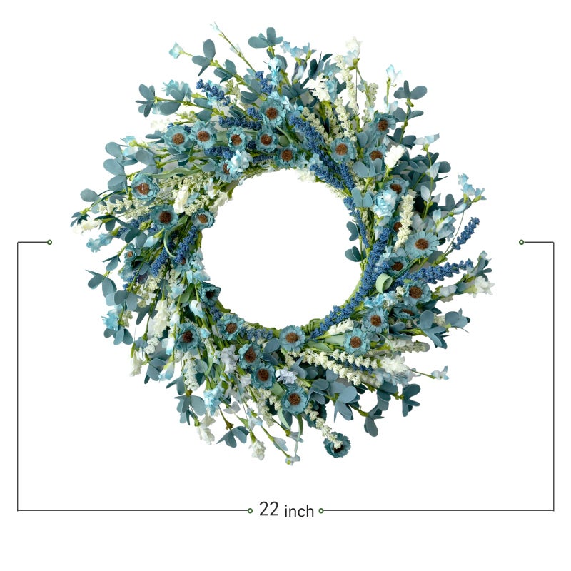 Bibelot 22 Inch Spring Wreath Blue with Green Leaves Wreaths Blue Daisy Artificial Grains White Flower Wreath for Front Door Wreaths,Farmhouse Decor Indoor&Outdoor Wedding Wall Home Decor - Image 2