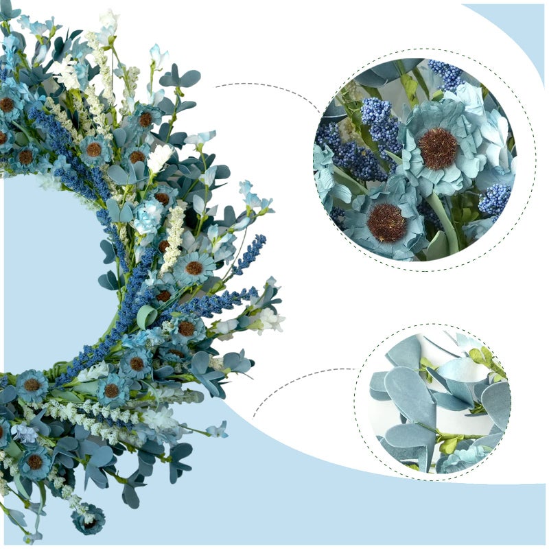 Bibelot 22 Inch Spring Wreath Blue with Green Leaves Wreaths Blue Daisy Artificial Grains White Flower Wreath for Front Door Wreaths,Farmhouse Decor Indoor&Outdoor Wedding Wall Home Decor - Image 4