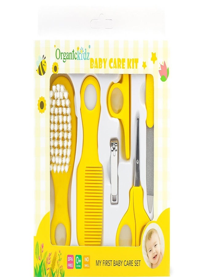 KALRA MAGIC® 5 in 1 Baby Grooming Kit | 1 Soft Bristel Hair Brush, 1 Hair Comb, Nail Clippers, Scissors, Nail File & Case | Safe & Gentle Care Set for Newborns Infants & Toddlers (Yellow) - Image 1