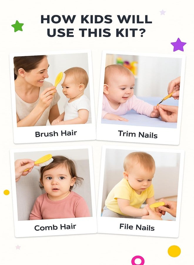 KALRA MAGIC® 5 in 1 Baby Grooming Kit | 1 Soft Bristel Hair Brush, 1 Hair Comb, Nail Clippers, Scissors, Nail File & Case | Safe & Gentle Care Set for Newborns Infants & Toddlers (Yellow) - Image 2