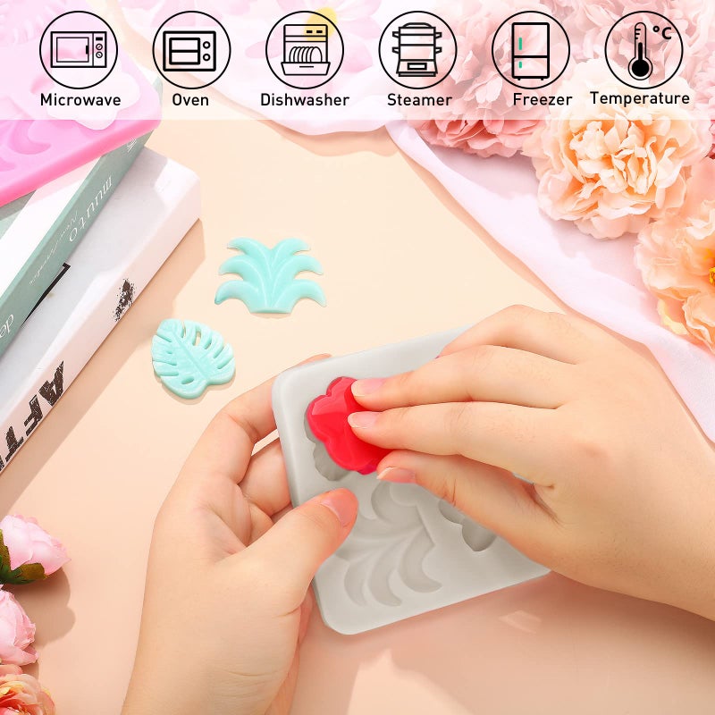 Chengu 2 Pieces Tropical Flowers Leaves Silicone Mold Plumeria Hibiscus Flower Monstera Leafage Fondant Molds for DIY Chocolate Candy Pudding Cupcake Topper Birthday Party Dessert Hawaiian Decoration(Gray) - Image 3