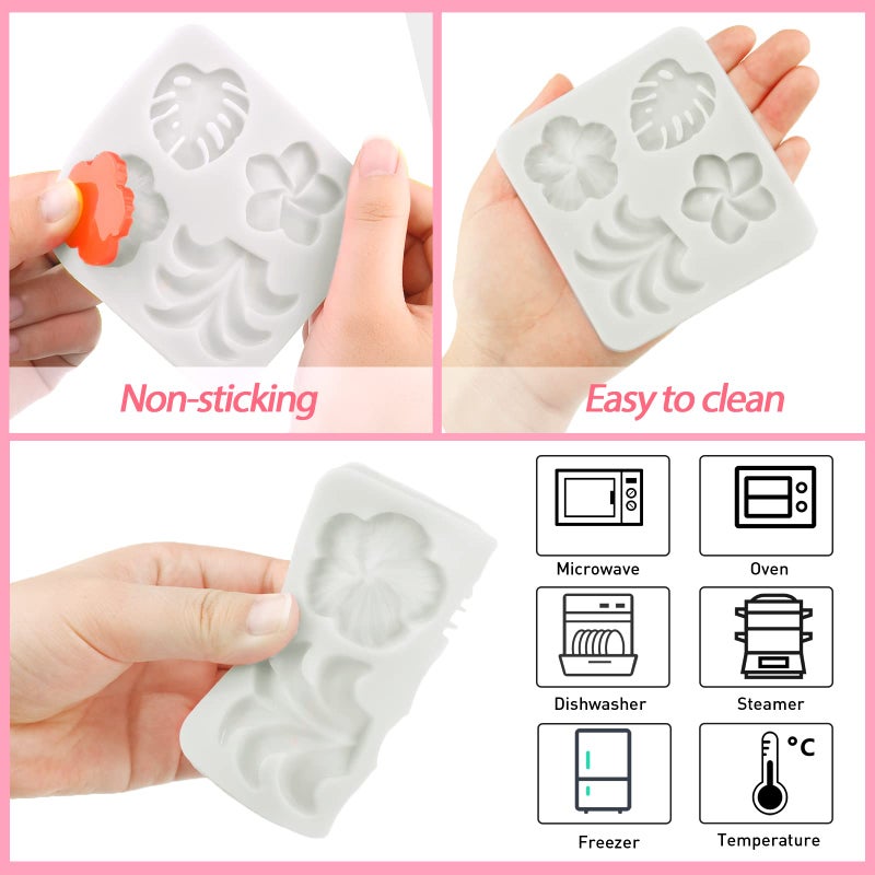 Chengu 2 Pieces Tropical Flowers Leaves Silicone Mold Plumeria Hibiscus Flower Monstera Leafage Fondant Molds for DIY Chocolate Candy Pudding Cupcake Topper Birthday Party Dessert Hawaiian Decoration(Gray) - Image 4