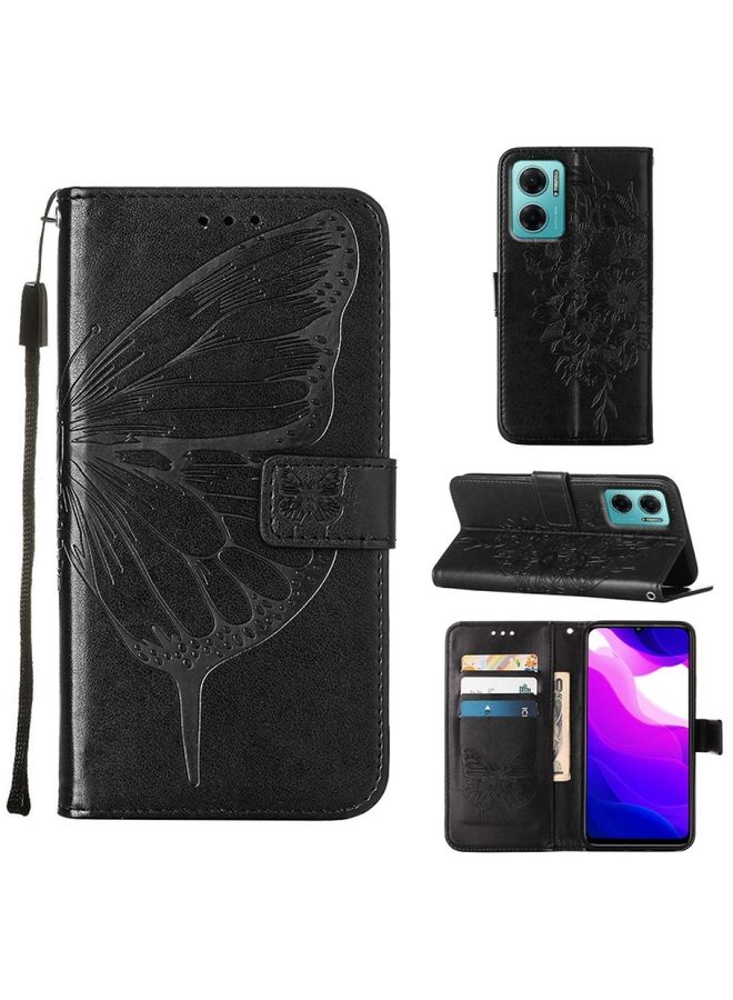 Case Cover For Xiaomi Redmi 10 Prime+ 5G/Note 11E Embossed Butterfly Leather Phone Case Black